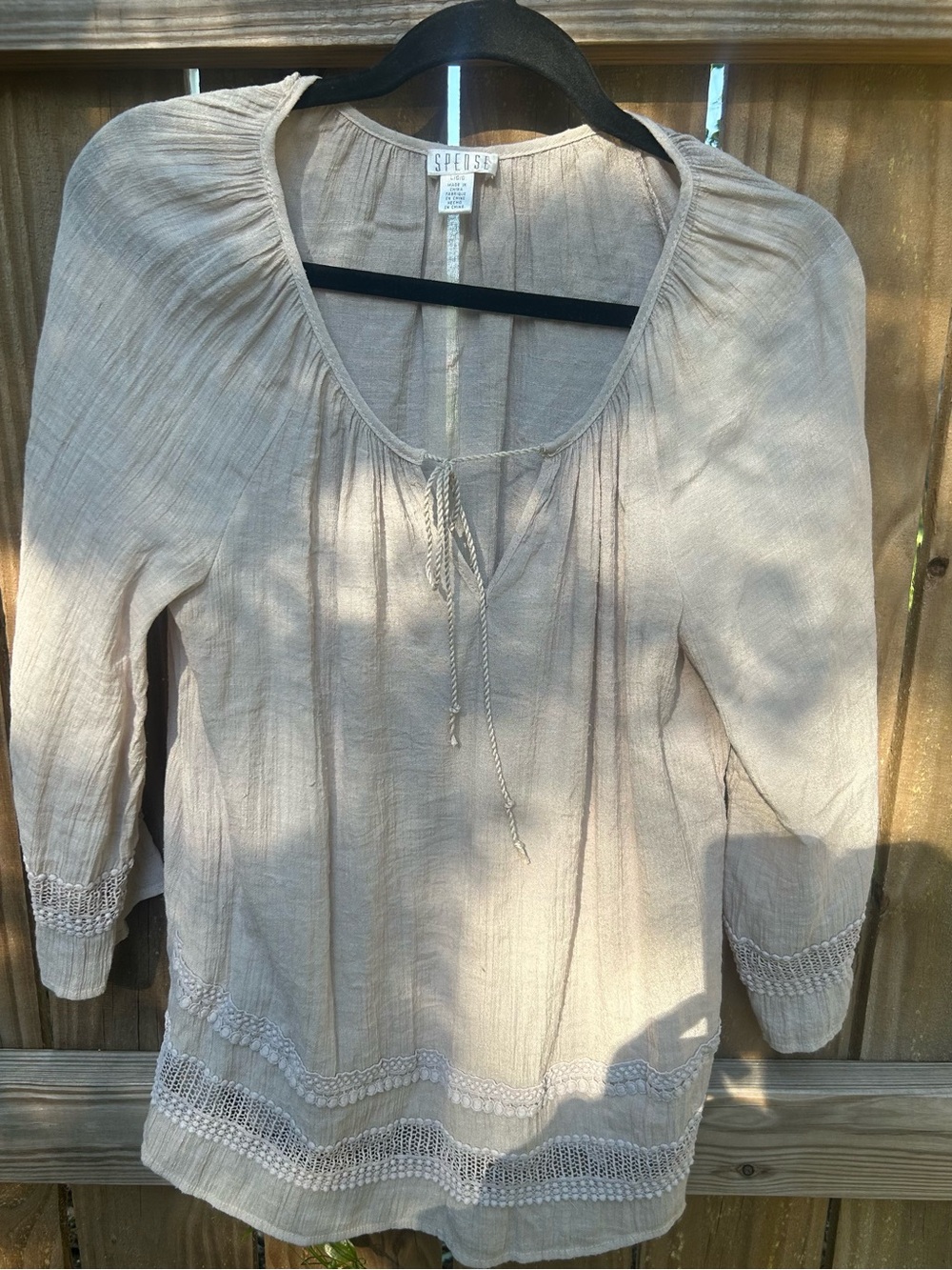 Spense Neutral Beige Peasant Tunic with Crochet Trim size large